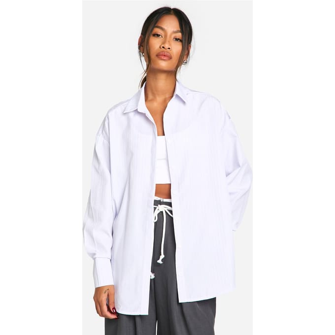 boohoo Dames Oversized Fijn Gestreept Shirt | White | Maat: 10