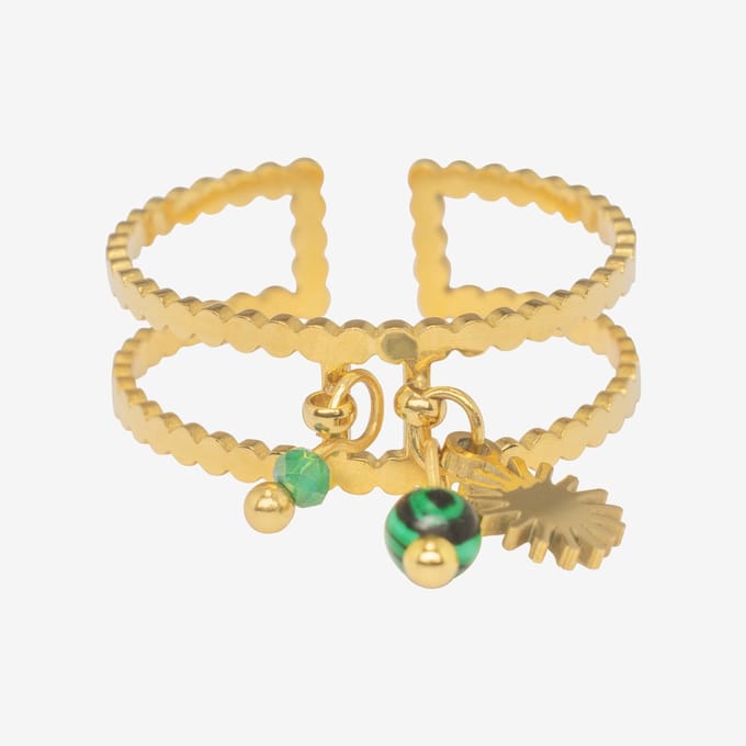 Essenza Green Beads Charm Ring Gold