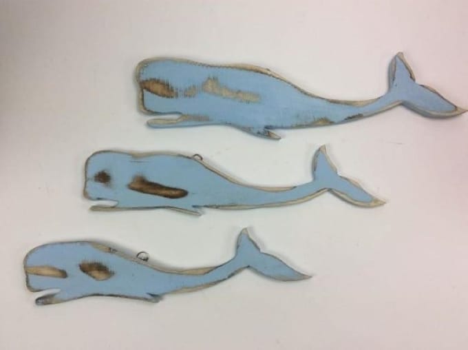 Walvis set rustic blauw 40, 45, 50 cm handgemaakt van hout