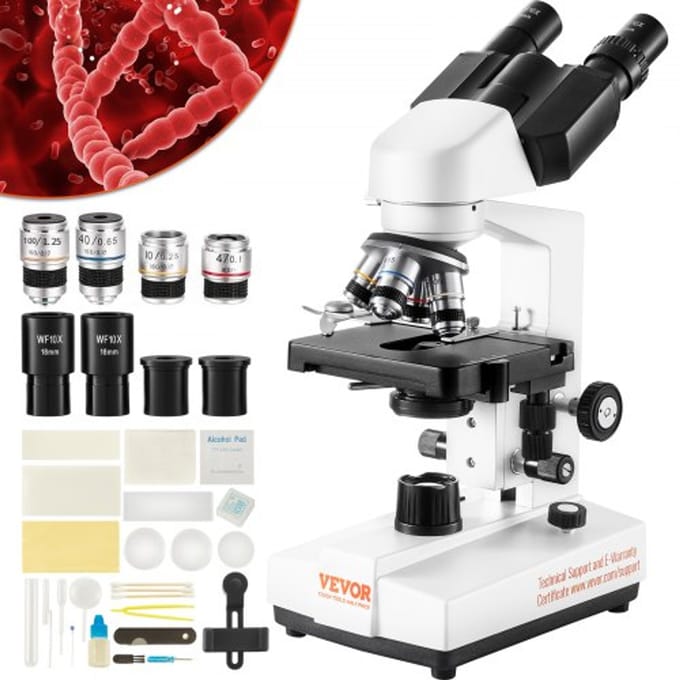 VEVOR Binoculaire Microscoop 10X, 25X, Samengestelde Microscoop, Objectieven 4X, 10X, 40X, 100X, Laboratorium Invallend Licht Binoculaire Microscoop Vergroting 40-2500, 100-240 V Laboratorium Microscoop Samengestelde Microscoop