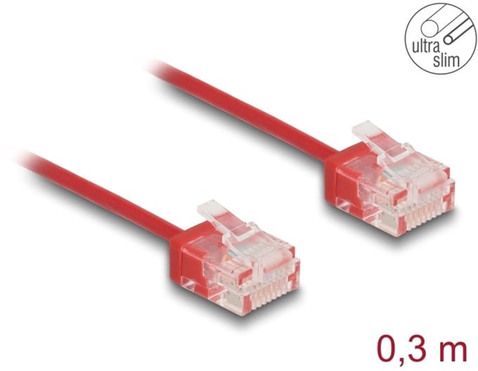 Delock RJ45 Network Cable Cat.6 UTP Ultra Slim 0.3 m red with short plugs