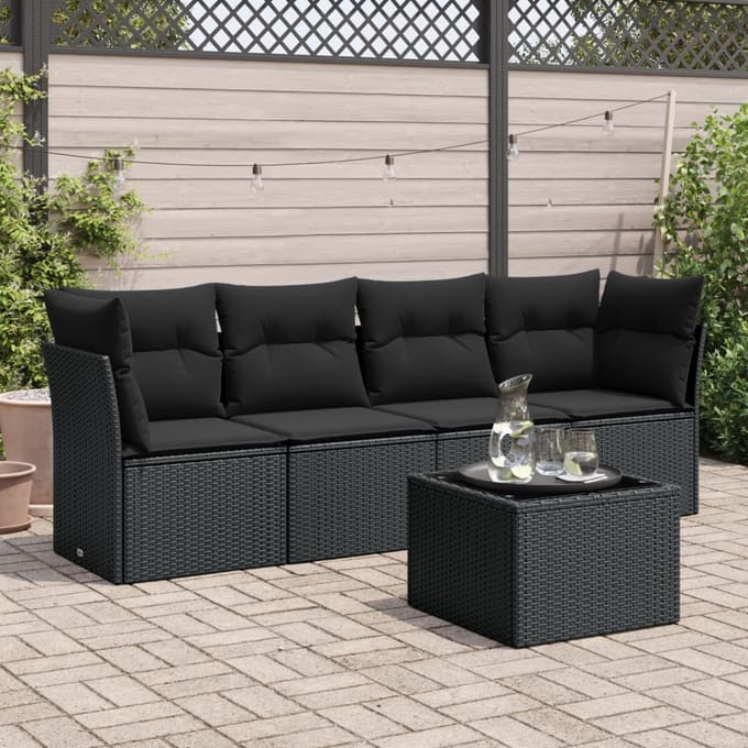 vidaXL - 5-delige - Loungeset - met - kussens - poly - rattan - zwart