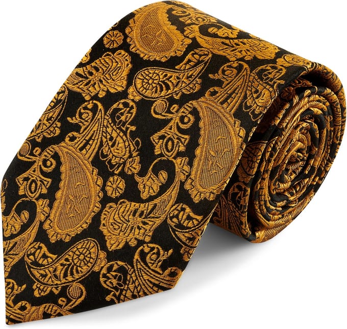 Zijden stropdas met goud en bruin paisleymotief | 8 cm