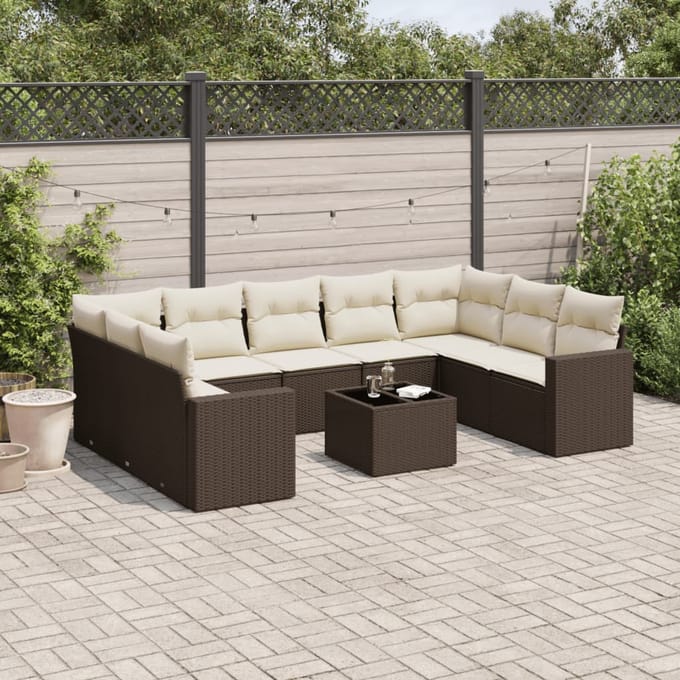 vidaXL - 10-delige - Loungeset - met - kussens - poly - rattan - bruin