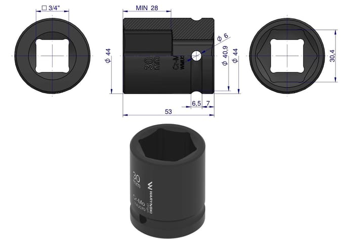 Slagmoersleutel 3/4", 30 mm, CrMo, DIN 3129