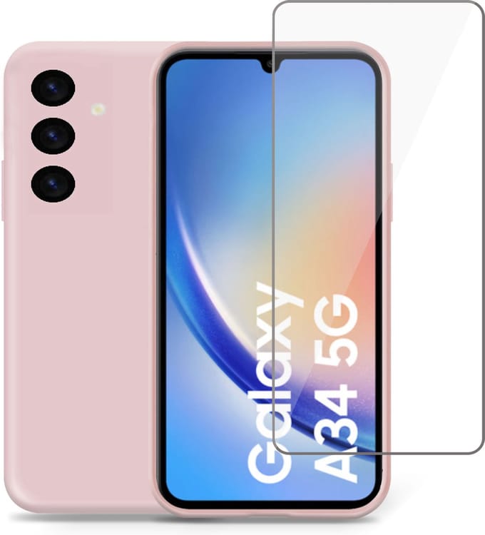 Hoesje geschikt voor Samsung A34 + Screenprotector – Tempered Glass - Liquid Back Case Cover Rose