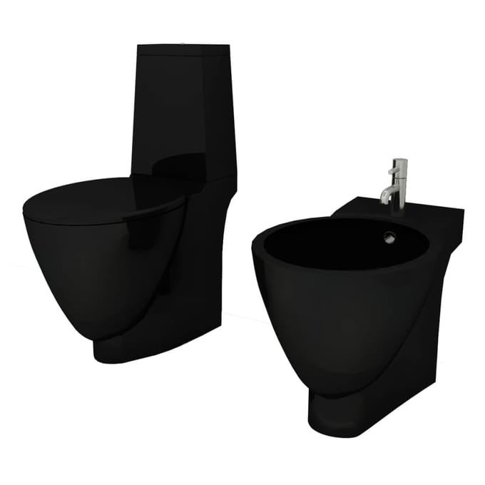 vidaXL Toilet- en bidetset keramiek zwart