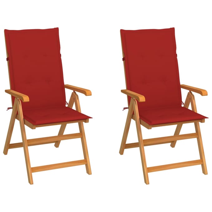 vidaXL - Inklapbare - stoelen - 2 - st - met - rode - kussens - massief - teakhout