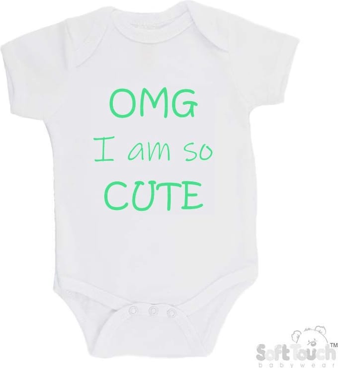 100% katoenen Romper "OMG I am so CUTE" Unisex Katoen Wit/mint Maat 62/68