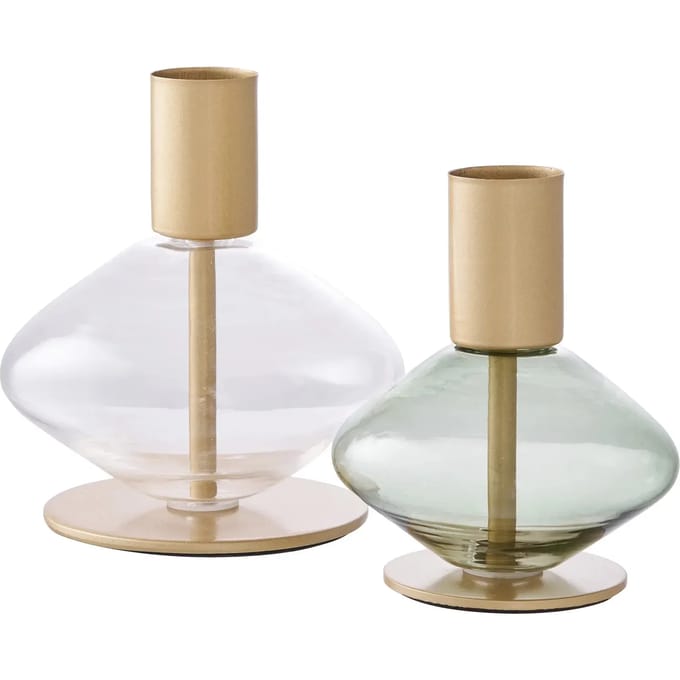 Kaarshouder - Goud/groen, helder, glas en metaal - Set van 2