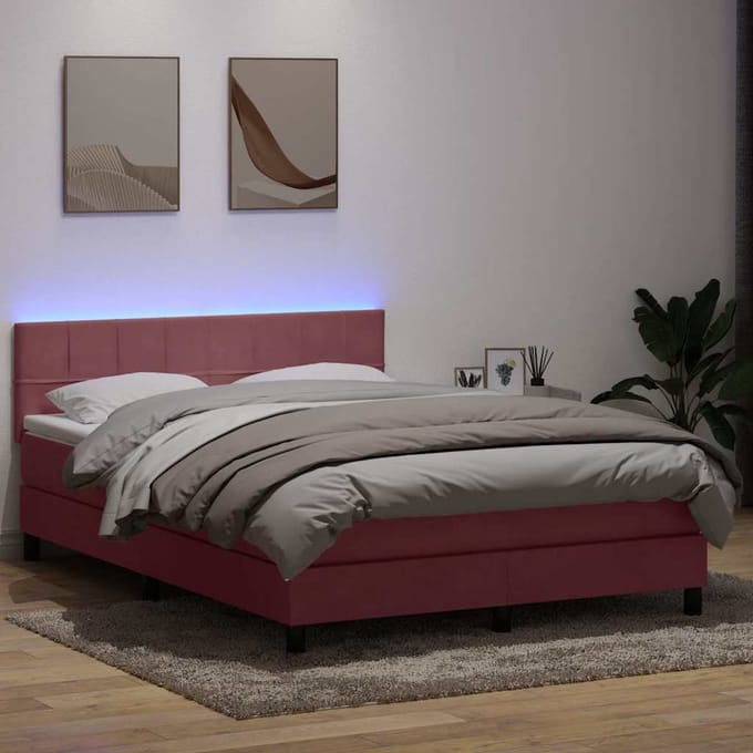 vidaXL - Boxspring - met - matras - en - LED - fluweel - roze - 160x220 - cm