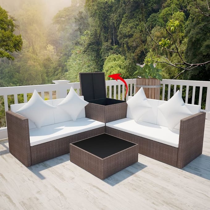 vidaXL - 4-delige - Loungeset - met - kussens - poly - rattan - bruin
