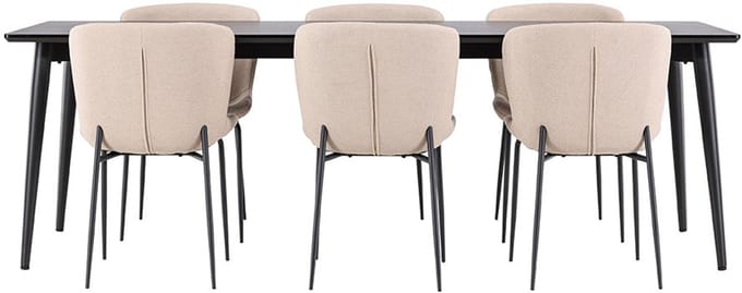 Ellis eethoek tafel 85x230cm en 6 bouclé stoelen zwart.