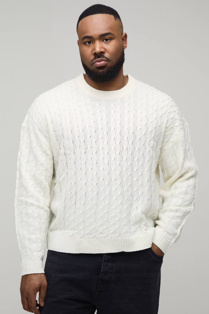 Plus Basic Boxy Fit Kabelgebreide Trui | Ecru | Size 2XL