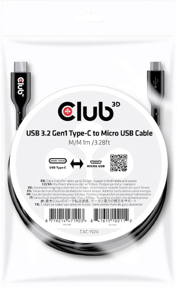 Club 3D USB-C®-naar-micro-USB-kabel (480 Mbps), mannelijk-mannelijk, 1 m