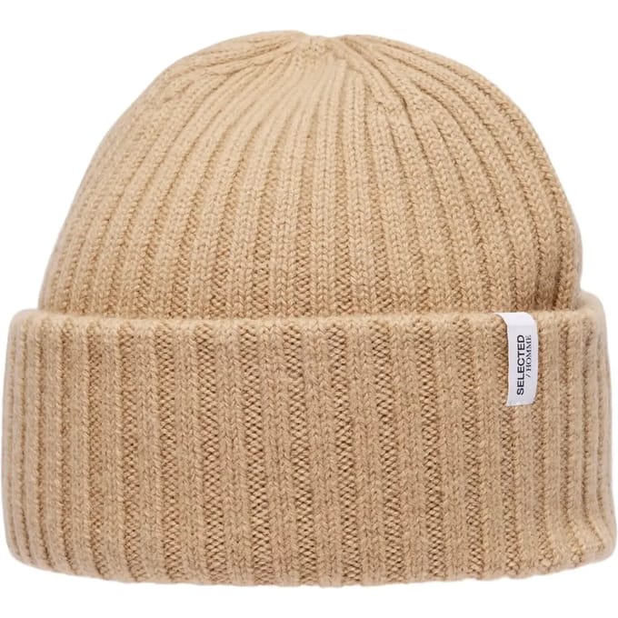 Selected Homme Merino Wool Beanie Mutsen Heren - Beige - Maat ONE SIZE