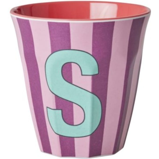 Rice melamine beker medium gestreept letter s, roze