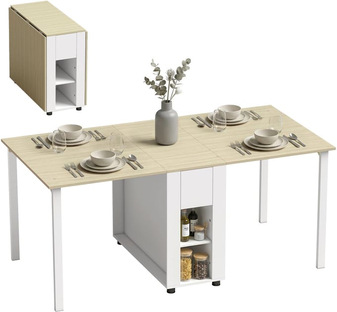 HOMCOM Inklapbare Eettafel-MDF, dennenhout-168,2L x 85B x 73H cm-Wit + Naturel hout