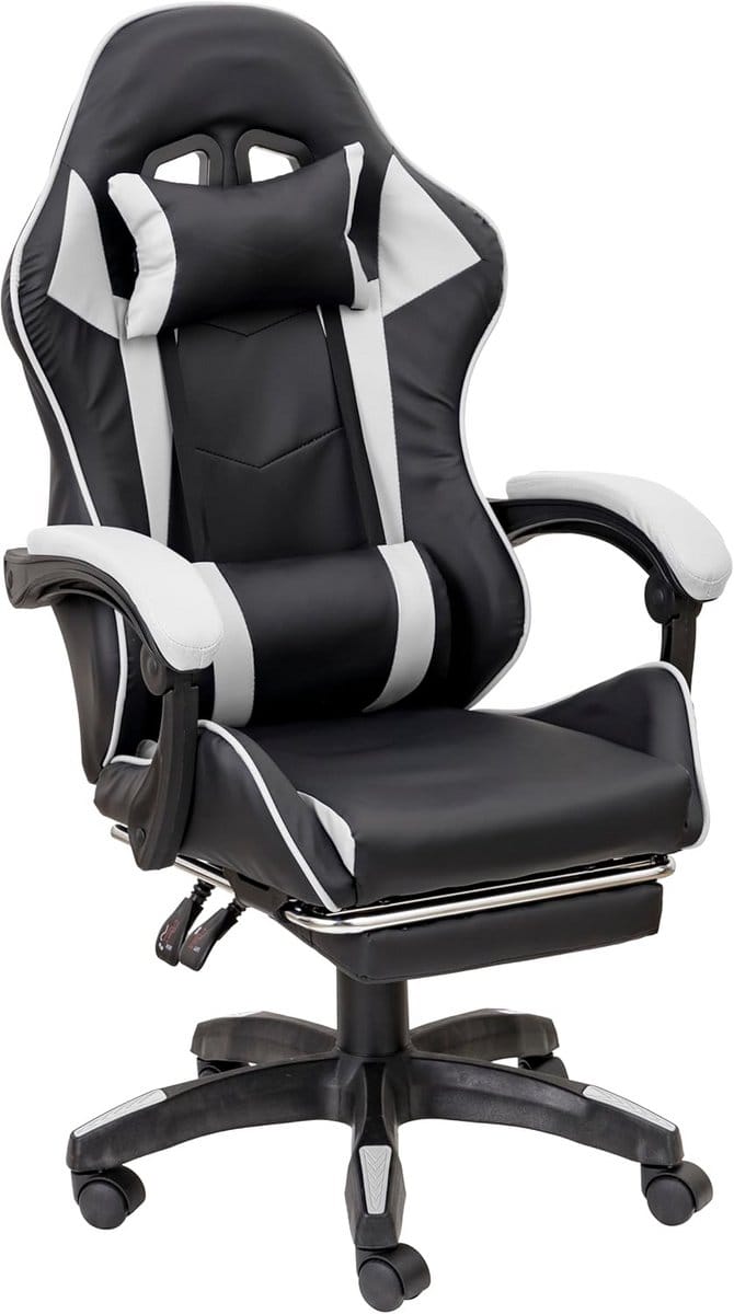 Ergonomische Gaming en Bureaustoel met Verstelbare Hoogte, Kantelbare Rugleuning en Voetensteun Wit