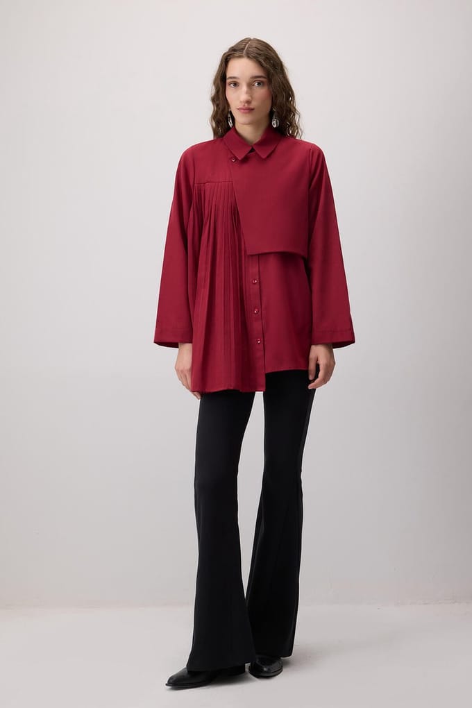 Touché Privé - Asymmetrische blouse met plooidetails - Bordeaux - Dames
