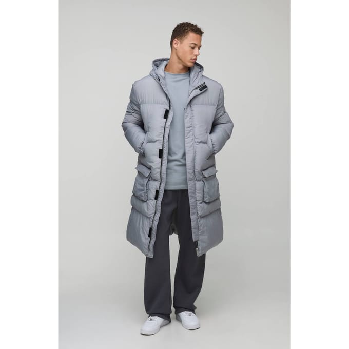 Tall 4 Pocket Longline Hooded Puffer Jacket in Black | Grey | Size Small