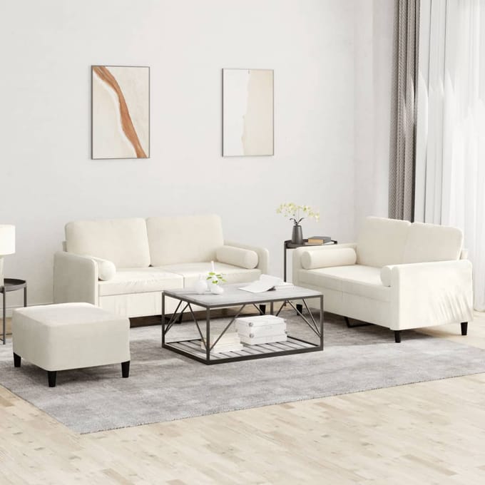 vidaXL - 3-delige - Loungeset - met - kussens - fluweel - crèmekleurig
