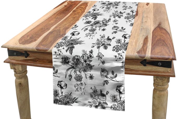 ABAKUHAUS Tafelloper – 40x180 cm – zwart-wit, polyester, handgestikte randen