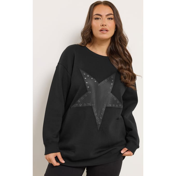 Yours Zwart Kunstleren Ster Oogjes Sweatshirt Size 48