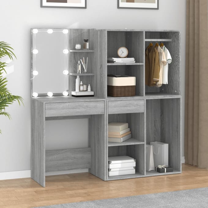 vidaXL - Kaptafel - met - kastjes - LED - bewerkt - hout - grijs - sonoma - eiken