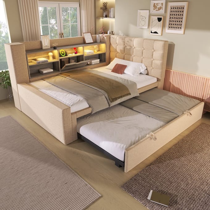 MODFU - Bedframe 90x200 cm – Met uitschuifbed (90x190 cm) & L-vormig hoofdbord – Beige linnen