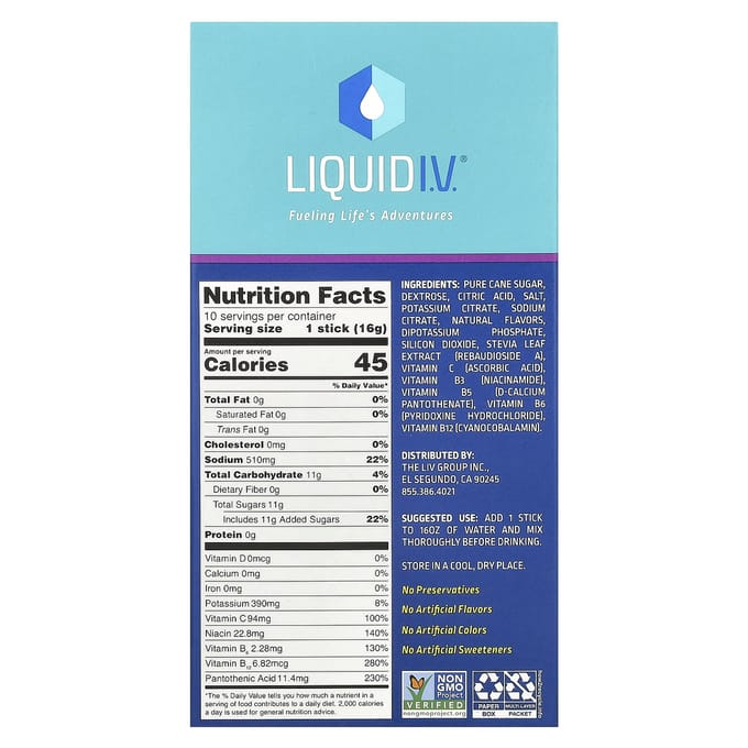 Liquid IV, multiplicateur d'hydratation, mélange pour boisson électrolytique, baies d'açaï, 10 sachets, 16 g (0,56 oz) chaque
