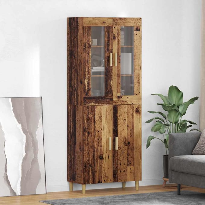vidaXL - Highboard - Oud - Hout - 69,5 - x - 34 - x - 180 - cm - Gefabriceerd - Hout - en - Glas