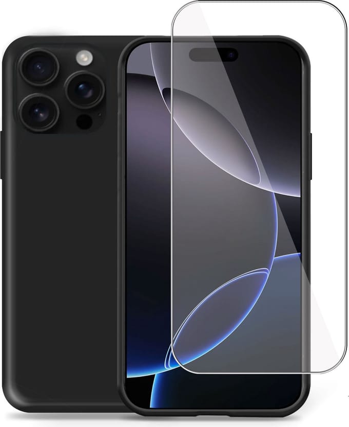 Hoesje + Screenprotector geschikt voor Apple iPhone 16 Pro Max – Tempered Glass - Liquid Back Case Cover Zwart