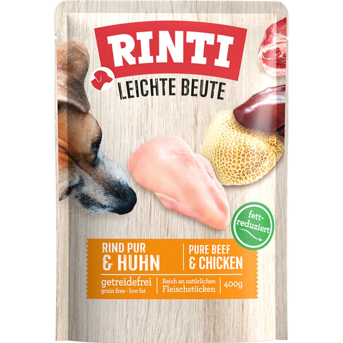 10x400g RINTI Lichte prooi Puur Rund & Kip natvoer voor honden
