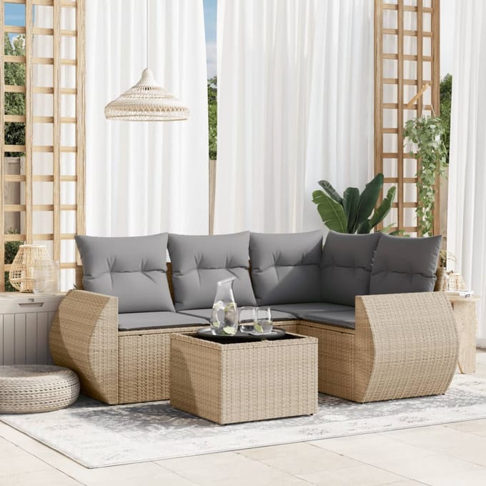 vidaXL - 5-delige - Loungeset - met - kussens - poly - rattan - beige