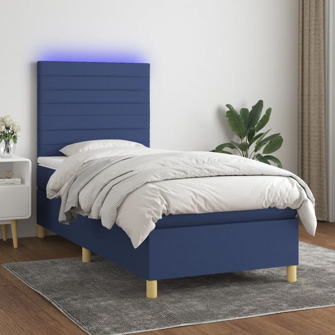 vidaXL - Boxspring - met - matras - en - LED - stof - blauw - 90x200 - cm