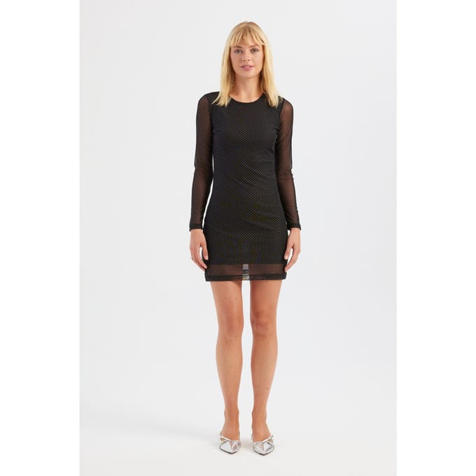 Mesh Ronde Hals Steen Versierd Lange Mouw Mini Jurk