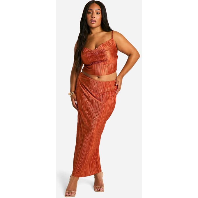 boohoo Dames Plus Plisse Cami Top & Midaxi Rok Co Ord | Roest | Maat: 54