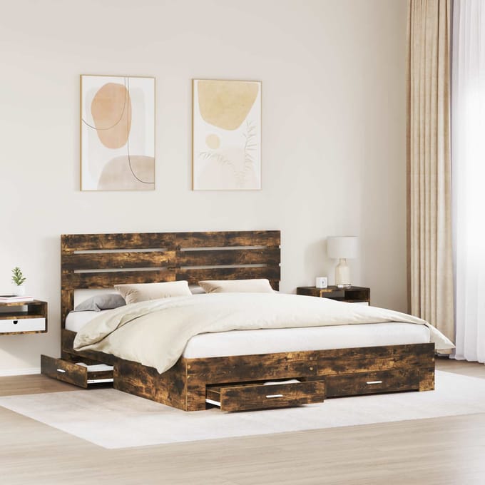 vidaXL - Bedframe - met - lade - Rook - Eiken - 200 - x - 200 - cm - Bewerkt - hout