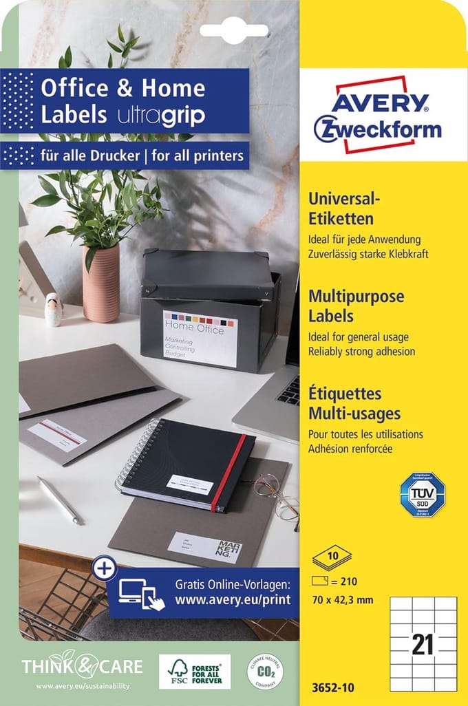 Avery-Zweckform 3652-10 70 x 42.3 mm Papier Wit 210 stuk(s) Permanent hechtend Universele etiketten Inkt, Laser, Kopie 10 vel DIN A4