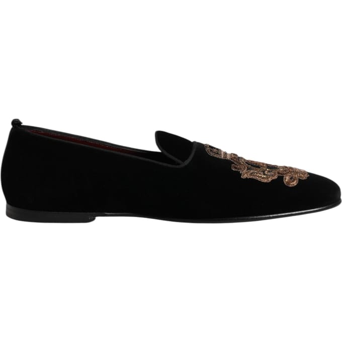 Dolce & Gabbana Zwarte Fluwelen Gouden Kroon Heren Instappers