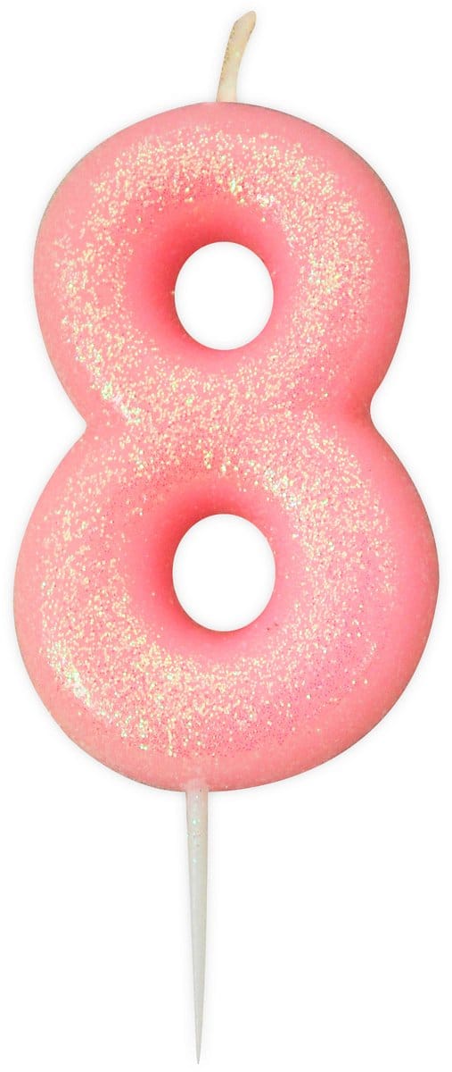 ANNIVERSARY HOUSE - Roze iriserende cijfer 8 verjaardagskaars 9 cm met glitters