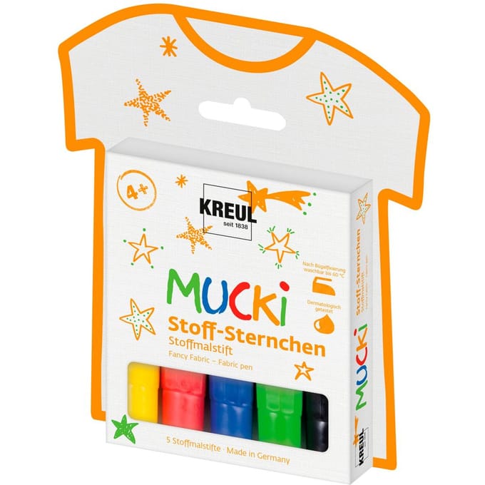 KREUL textielstiften Mucki, 5 stuks, geel/rood/blauw/groen/zwart, 2-5 mm