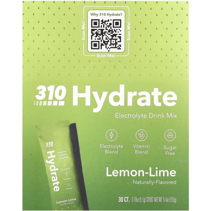 310 Nutrition, Hydrate, Elektrolyten Drankmix, Citroen-Limoen, 30 Sachets, 0.18 Oz (5.1 G) Elk
