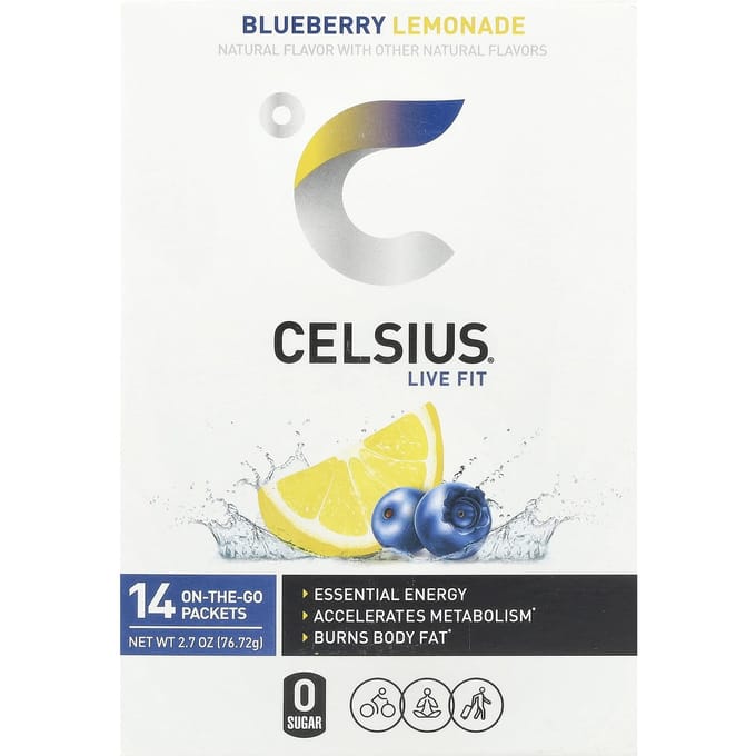 Celsius, Live Fit, Blueberry Lemonade, Draagbare 14-pack, 0,19 oz (5,48 gram) Elk