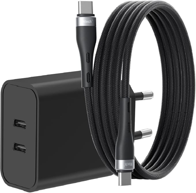 USB C Adapter 35W - USB C Oplader 2 poorten met 1M Kabel USB C naar USB C - Zwart