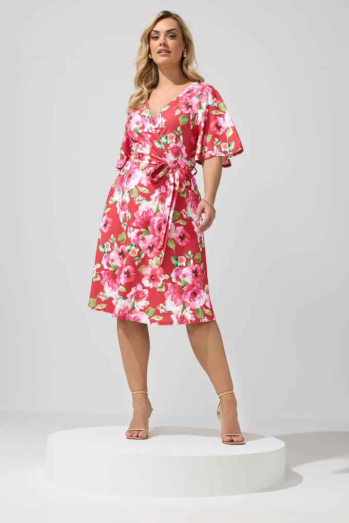 Yours London Rode Bloemenprint Wikkelskaterjurk Size 48