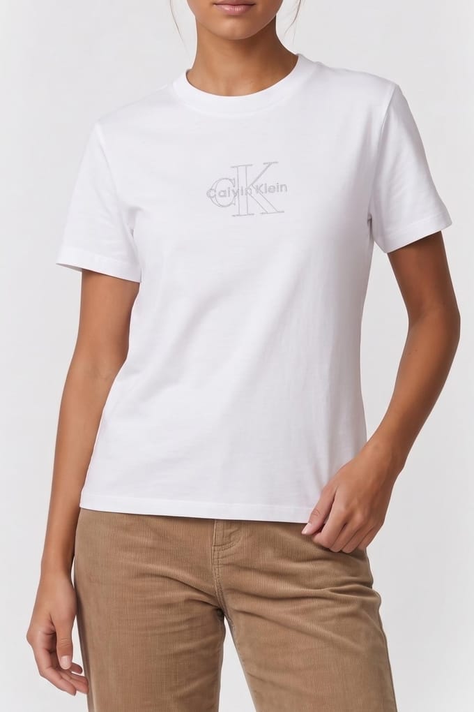 Calvin Klein Ss Clasic Monologo Tee Bright White Größe: S | Hemden Outlet | Damen | Weiß