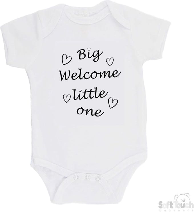 Soft Touch Romper "Big welcome little one" Unisex Katoen Wit/zwart Maat 56/62
