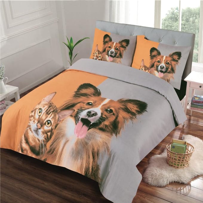 Dekbedovertrek -Hond en kat-Tweepersoons-200x200/220-cm + 2 kussenslopen 60x70cm
